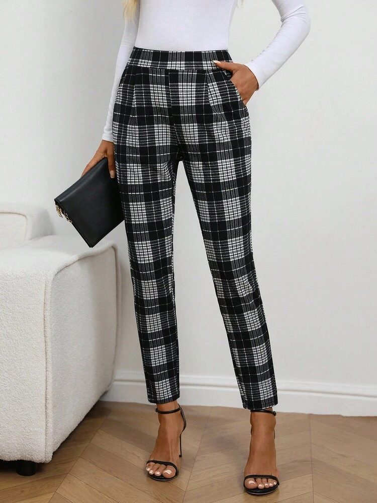 Women's Fashionable Plaid Slim Fit Pants For Commuting Plaid Pants Checkered Pants Business Casual Woman Pants Office Pants Going Out Autumn Fall Women's Autumn Winter Pants
