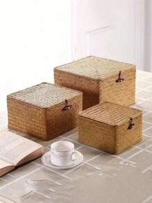 1pc Of Covered Woven Basket, Covered Woven Wicker Storage Box, Rectangular Storage Box, Covered Toy Storage Box, Beautiful Room Decoration, Home Decoration, Kitchen Decoration, Bathroom Decoration, Bedroom Decoration, New Year And Valentine's Day Gift