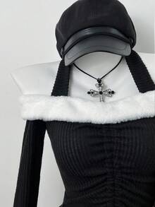 Elamini 1pc Women's Black Faux Fur Patchwork Contrast Color Asymmetrical Hem Drawstring Waist Casual Commute Fitted Sexy Blouse, Suitable For Winter, Christmas, Valentine's Day