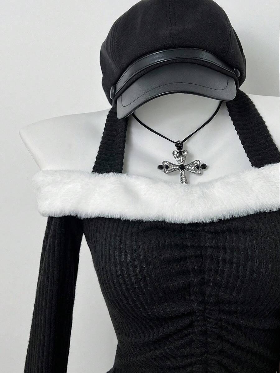 Elamini 1pc Women's Black Faux Fur Patchwork Contrast Color Asymmetrical Hem Drawstring Waist Casual Commute Fitted Sexy Blouse, Suitable For Winter, Christmas, Valentine's Day