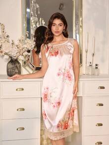 SHEIN 蕾丝边仿丝圆领女式睡袍 - 彩色 - 查看 5