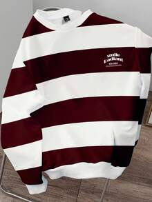 Manfinity Joysei 男士休闲日常通勤拼色条纹和标语印花宽松套头衫，春秋季