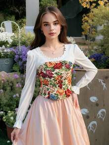 ÉTHER D'OR Women's Retro Elegant Floral Pattern Curved Hem Bandeau Top