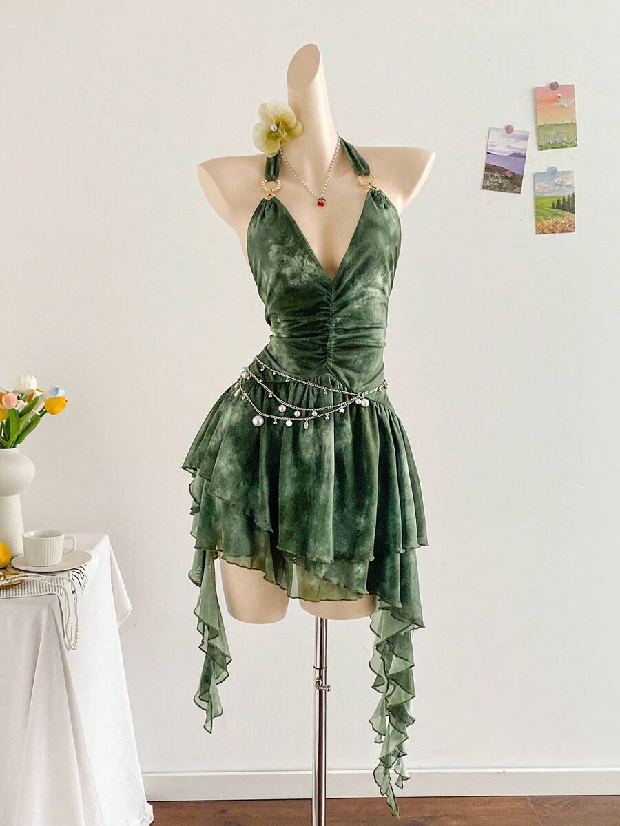 Soleia Romantic Vacation Halter Knit Mesh Blue Printed Dress For Women,Dresses For Women Party Short Green Dress Fairy Core Dress - Green - View 1