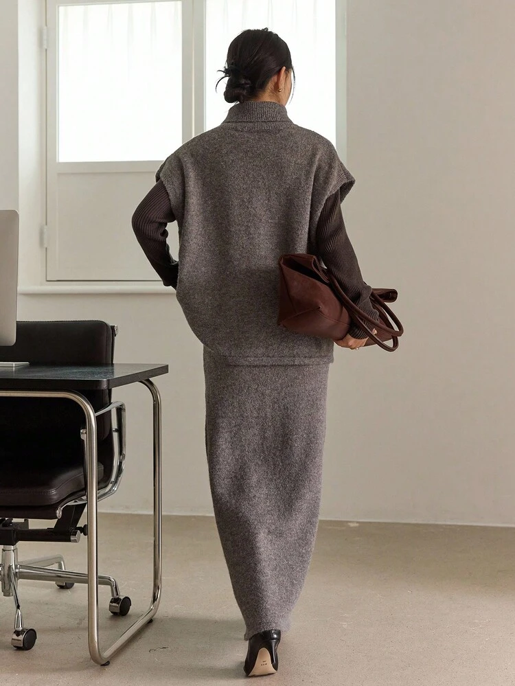 Turtleneck Sweater Vest & Knit Skirt Without Belt Business Casual Woman