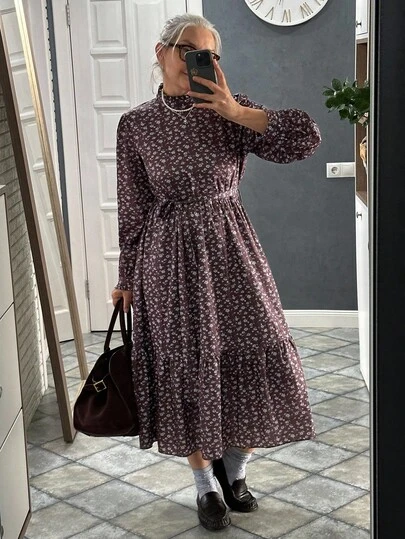 Vivie Lora Vestido midi de línea A con cuello alto y cintura ceñida para mujer