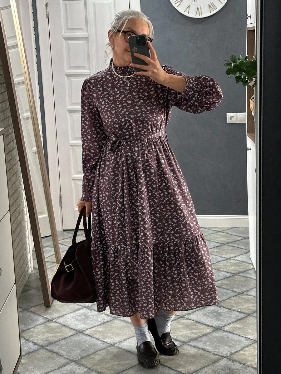 Vivie Lora Women's High Neck Cinched Waist A-Line Midi Dress - Brown - View 1