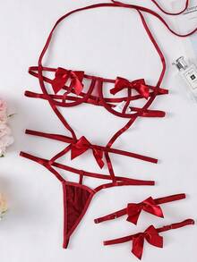 SpicyHot Bộ 3 đồ lót gợi cảm dây mảnh màu trơn dành cho nữ kèm nơ rỗng trang trí - Màu Đỏ Sâu - Xem 6