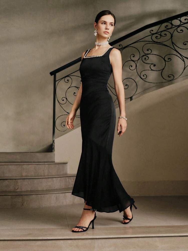 Women's New Sleeveless Pearl Bodycon Fishtail Dress, Suitable For Parties, Concerts, Street Style, Satin