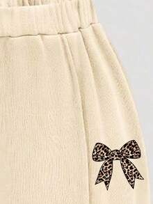 一套女童休闲豹纹蝴蝶结印花圆领卫衣和运动裤套装，秋冬季 - 卡其色 - 查看 7