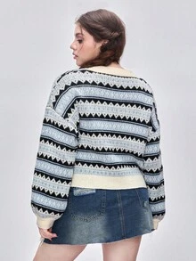 ROMWE Kawaii Große Größen Lässig vielseitiger schlankheitsoptimierender Fair Isle Strickjacke, Herbst/Winter - Grau - Übersicht 3