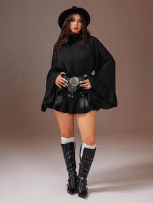 Rustia Plus Size Ruffle Trim Long Sleeve Blouse For Women, European And American Style - Black - View 1