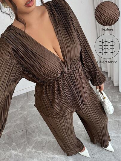 Elenzga 2pcs Women Pleated V-Neck Long Sleeve Top And Pants Set