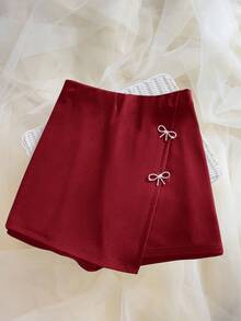 Firerie Mujeres de talla grande Shorts rojos básicos con lazo asimétrico y adorno de strass "Love/Lover", Falda roja casual, Falda mini con lazo - Rojo - Ver 7