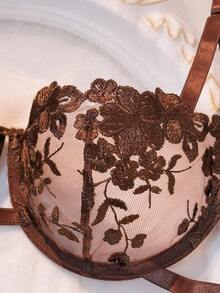 2pcs Sky Blue Embroidered Lace-Up Women's Lingerie Set Lace Lingerie Set Tie Side Panty Brown Lingerie Brown Lace Bra Sheer Lingerie Set Lace Bra Set Garter Belt Lingerie Set Bras For Women 3 Piece Lingerie Set - Coffee Brown - View 6