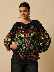 Travachic Plus Size Women's Black Tropical Floral Print Round Neck Long Sleeve Shirt, Button Front Loose Blouse Boho Blouses Peasant Blouse Bohemian Top Lantern Sleeve Blouse Cozy Fall And Winter Clothes For Women Black Tops