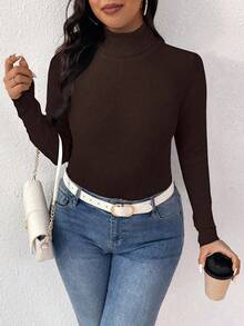 Plus Size Solid Color Turtleneck Slim Fit Sweater, Casual For Autumn/Winter - Coffee Brown - View 5