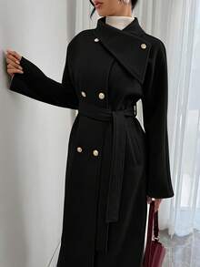 Elenzga 女士纯色双排扣羊毛大衣，时尚通勤，秋冬 - 黑色 - 查看 4