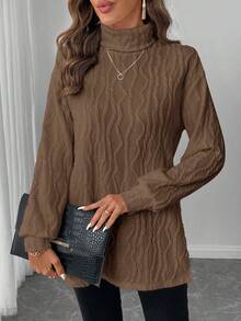 SHEIN LUNE Women's Classic Long Sleeve T-Shirt, Textured Knit Turtleneck, Comfortable & Versatile For Casual, Party, All Seasons,Brown Top,Fall,Fall Clothes For Women - Brown - View 4