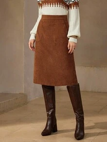 Wildy High Waist Slant Pocket Corduroy Skirt