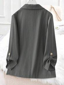 Calvaya Plus Size Women's Spring Autumn Striped Lapel Ruffle Hem Casual Blazer Jacket Fall Cloth For Women Winter - Grey - View 2