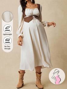 Boho Mama Maternity Frill Hem 2 In 1 Long Sleeve Waist Drawstring Western Style Dress Maternity Photoshoot Dress Pregnancy Dress Beige Maternity Dress Boho Maternity Dress Maternity Dresses Baby Shower - Multicolor - View 1