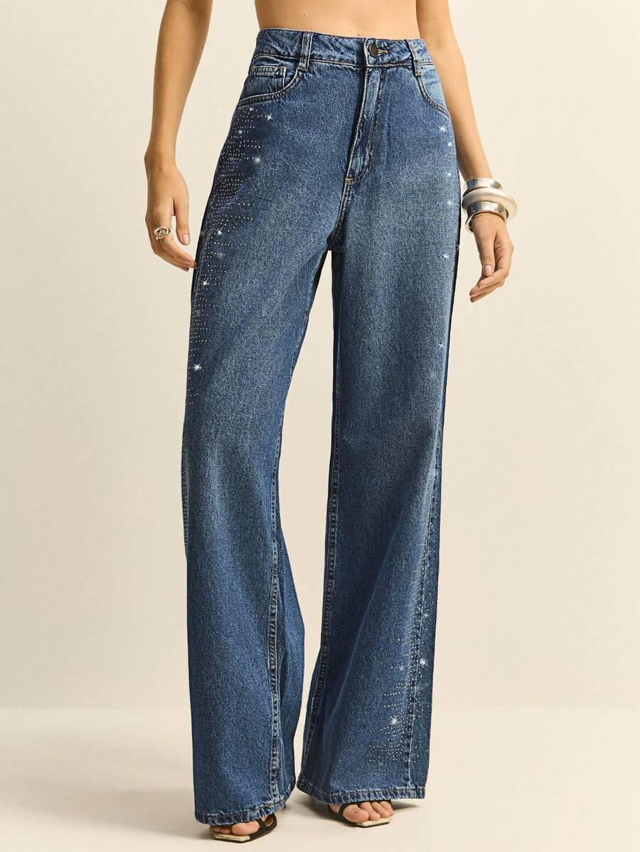 Daynim 高腰阔腿牛仔裤 - 藍色 - 查看 1