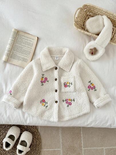 SHEIN 年轻女孩花卉刺绣口袋开衫夹克，白领，秋冬时尚外套