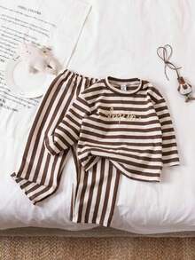 2 件套男童韩版卡其色条纹纹理面料标语刺绣长裤和长袖睡衣套装 - 卡其色 - 查看 1