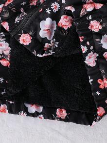 SHEIN Tween Girl Fluffy Collar Hooded Printed Thermal Lined Jacket - Navy Blue - View 6