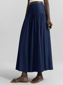 Ontre 2025秋冬新款女士高腰百褶裙，优雅浪漫休闲通勤办公皆宜，也适合婚礼宾客、海滩度假、音乐节、派对等场合。2026春夏款，情人节、圣诞节、感恩节等节日皆可穿着，百搭女士半身裙。 - 藏蓝色 - 查看 3