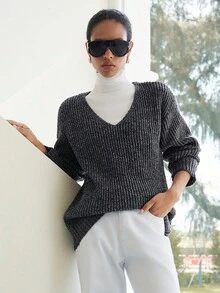 SHEIN LUNE Deep V-Neck Floral Chiffon Loose Mid-Length Pullover Sweater, Autumn/Winter - Dark Grey - View 6