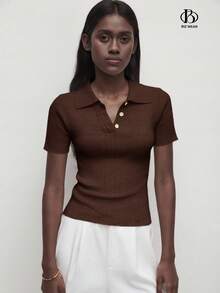 BizChic 2025 秋冬新款深咖啡色不对称罗纹针织 Polo 领半拉链纽扣女毛衣，现代优雅时尚商务休闲办公装，百搭经典简约浪漫适合正式场合、派对、婚礼、海滩、休闲外出、国庆、新年、圣诞节、感恩节 - 棕色 - 查看 3