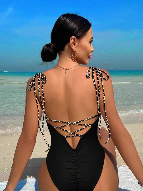 SHEIN Swim Traje de baño de una pieza con estampado de leopardo, diseño con espalda descubierta para vacaciones y playa para mujeres
