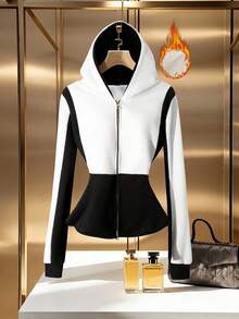 SHEIN Clasi Chaqueta de moda con capucha, cremallera, puntada de espina de pescado y contraste de color para mujer de talla grande, ropa de otoño e invierno para mujeres - Blanco y Negro - Ver 3