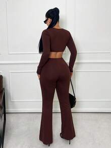 Sirith 女式纯色深V领镂空腰部性感喇叭连体裤 - 咖啡棕 - 查看 2