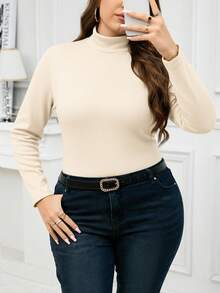 SHEIN Clasi Plus Size Women Thermal Lined Long Sleeve T-Shirt, Autumn/Winter - Khaki - View 4