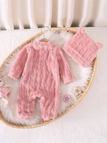 SHEIN 2 件新生儿杏色毛绒泡泡绒 3D 兔子长袖连帽连体衣套装 - 粉色 - 查看 2