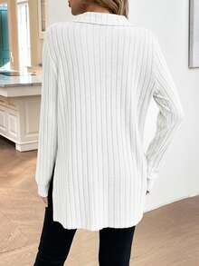 SHEIN LUNE 女式秋冬毛绒罗纹 Polo 领长袖长 T 恤 - 白色 - 查看 2