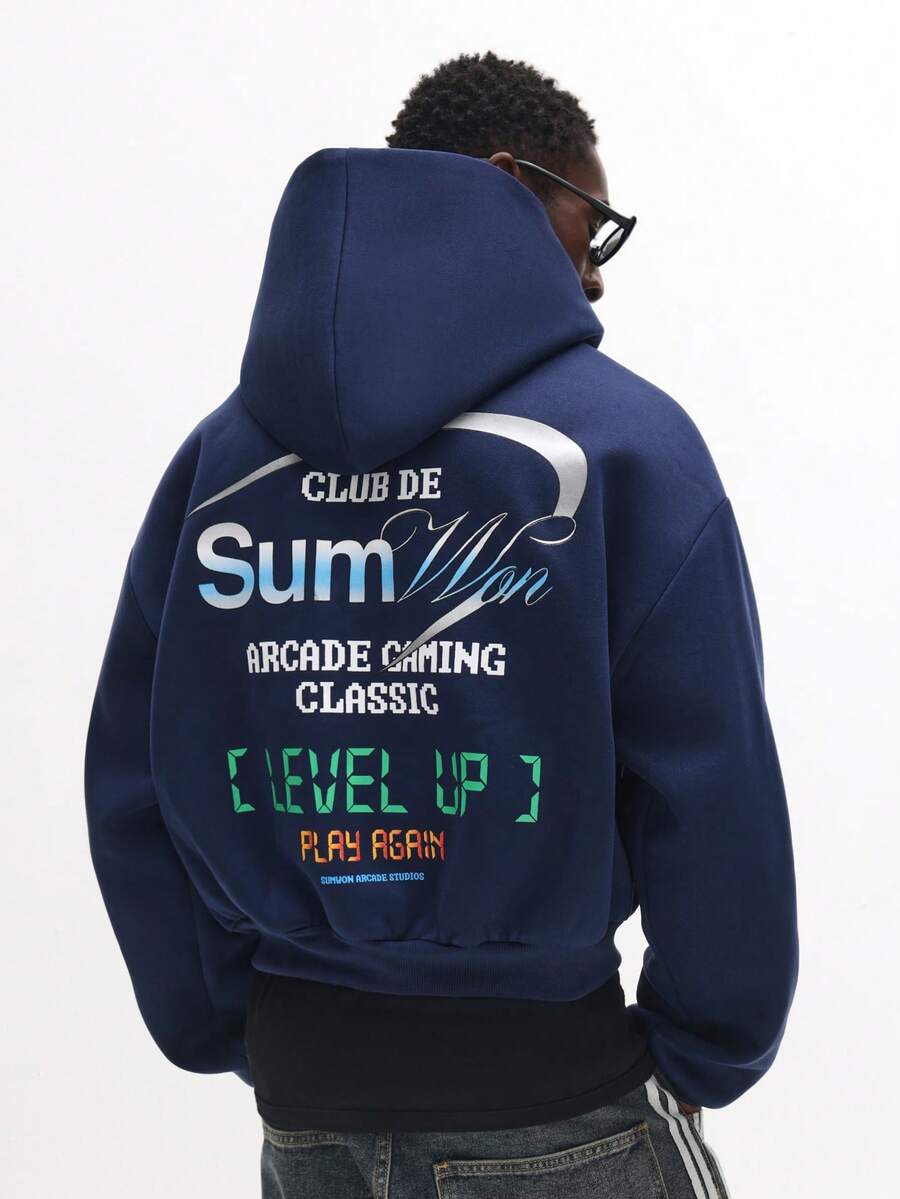 SUMWON 宽松版型复古街机游戏拉链连帽衫 Club De Level Up Play Again 秋冬休闲街头服饰游戏玩家经典系列 - 藍色 - 查看 1