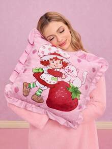 Strawberry Shortcake X SHEIN 1 件可爱草莓印花装饰抱枕套，柔软绒面面料，荷叶边设计，45*45 厘米/30*50 厘米两种尺寸可选，枕套，礼品之选 - 粉色 - 查看 6