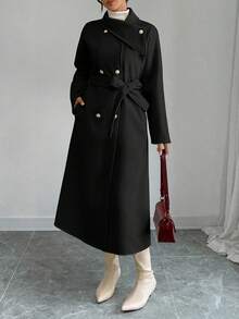 Elenzga 女士纯色双排扣羊毛大衣，时尚通勤，秋冬 - 黑色 - 查看 6