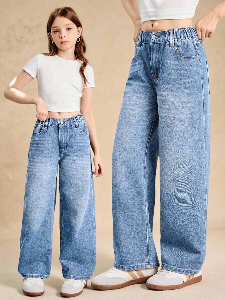 Tween Girls Vintage Loose Wide Leg Jeans, Casual Straight Leg Denim Pants - Light Wash - View 1