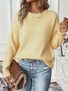 EMERY ROSE Women's Solid Color Round Neck Drop Shoulder Long Sleeve Casual Loose Sweater, Autumn/Winter - Light Yellow - View 3