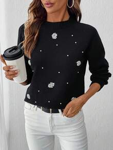EMERY ROSE Floral Pattern Raglan Sleeve Sweater Fall Winter Cloth For Women - Black - View 5
