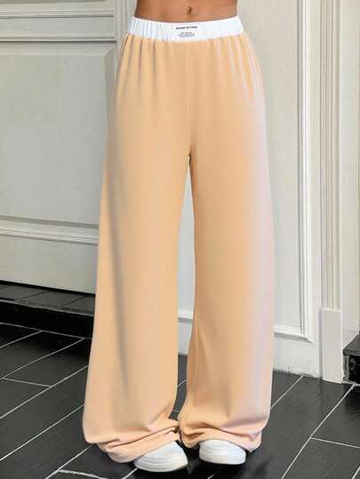 SHEIN Teen Girls Back To School, College Sport Loose Casual Simple Comfy Midrise Colorblock Waistband Wide Leg Pants, Suitable For Street, College, Sports, Home Fall Winter