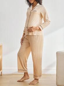 Moonlight&Mama BloomMama 撞色饰边字母刺绣天鹅绒领长袖上衣和裤子孕妇家居服套装，秋冬装，秋季服装，舒适装 - 香檳色 - 查看 3