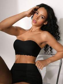 NudeFit 性感无缝冰丝波浪边裹胸文胸，一体式，聚拢，无钢圈，无肩带，防滑，女士适用 - 黑色 - 查看 5