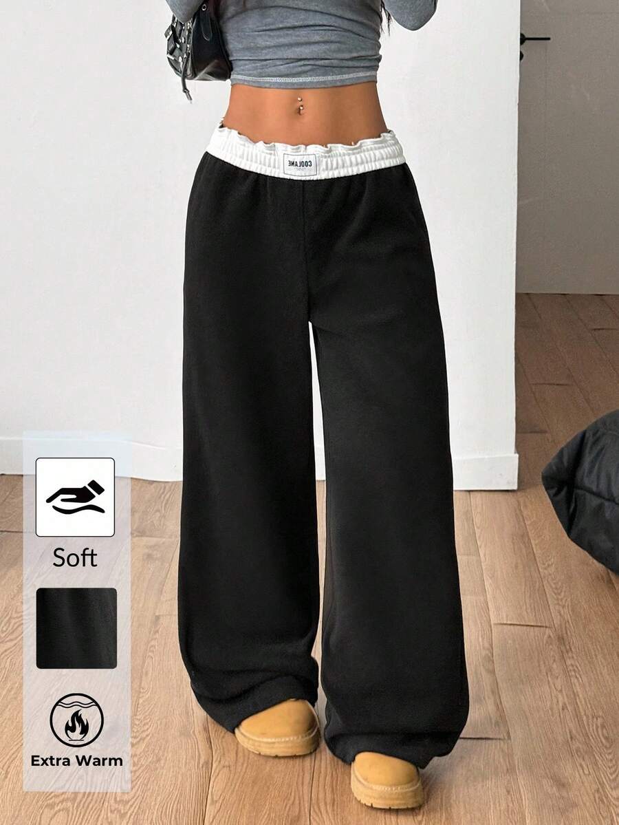 Coolane 女士秋冬外出简约基本款日常穿着复古街头服饰节日黑色保暖摇粒绒直筒裤 - 黑色 - 查看 1