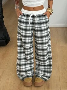 Coolane Women's Fall Casual Daily Wear Basic Loose Checked Plaid Patchwork Wide Leg Pants